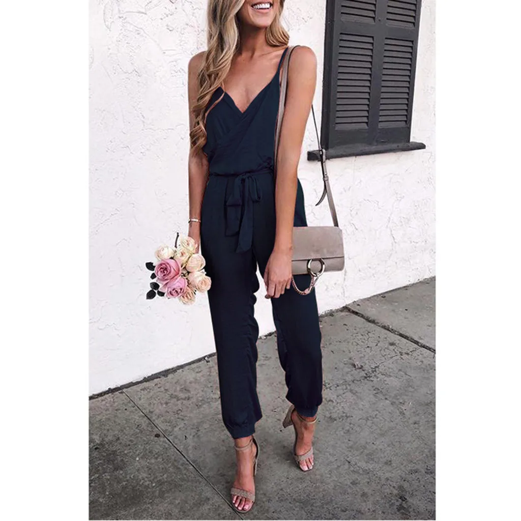 

2019 Summer jumpsuit Fashion Casual Women Solid V-Neck Strapless Bandage Ruffled Sleeveless Long Jumpsuits Plus Size L404A