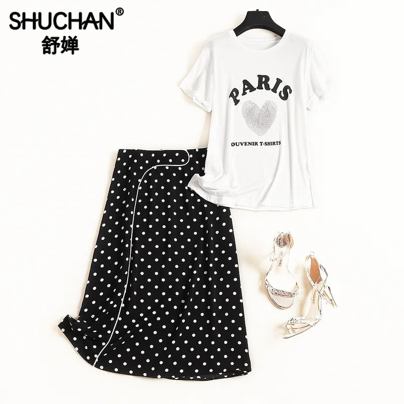 

Shuchan Summer Women's Suit with A Skirt Streetwear T-shirt+skirt with Polka Dot 2 piece sets womens casual women clothing 51555