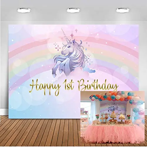 

Neoback Happy 1st Birthday Photo Backdrop Unicorn Theme Rainbow Backdrops Kids Birthday Party Banner Photography Background
