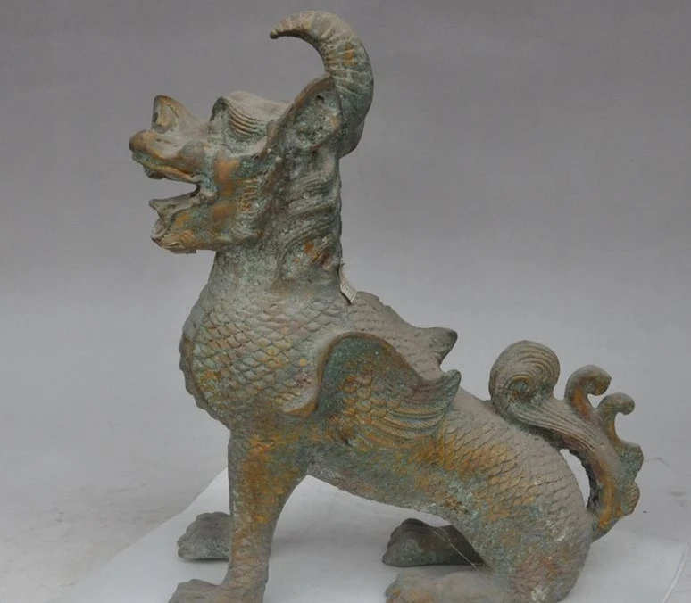 

12"old chinese palace bronze gilt Unicorn Licorne wing beast evil spirits statue