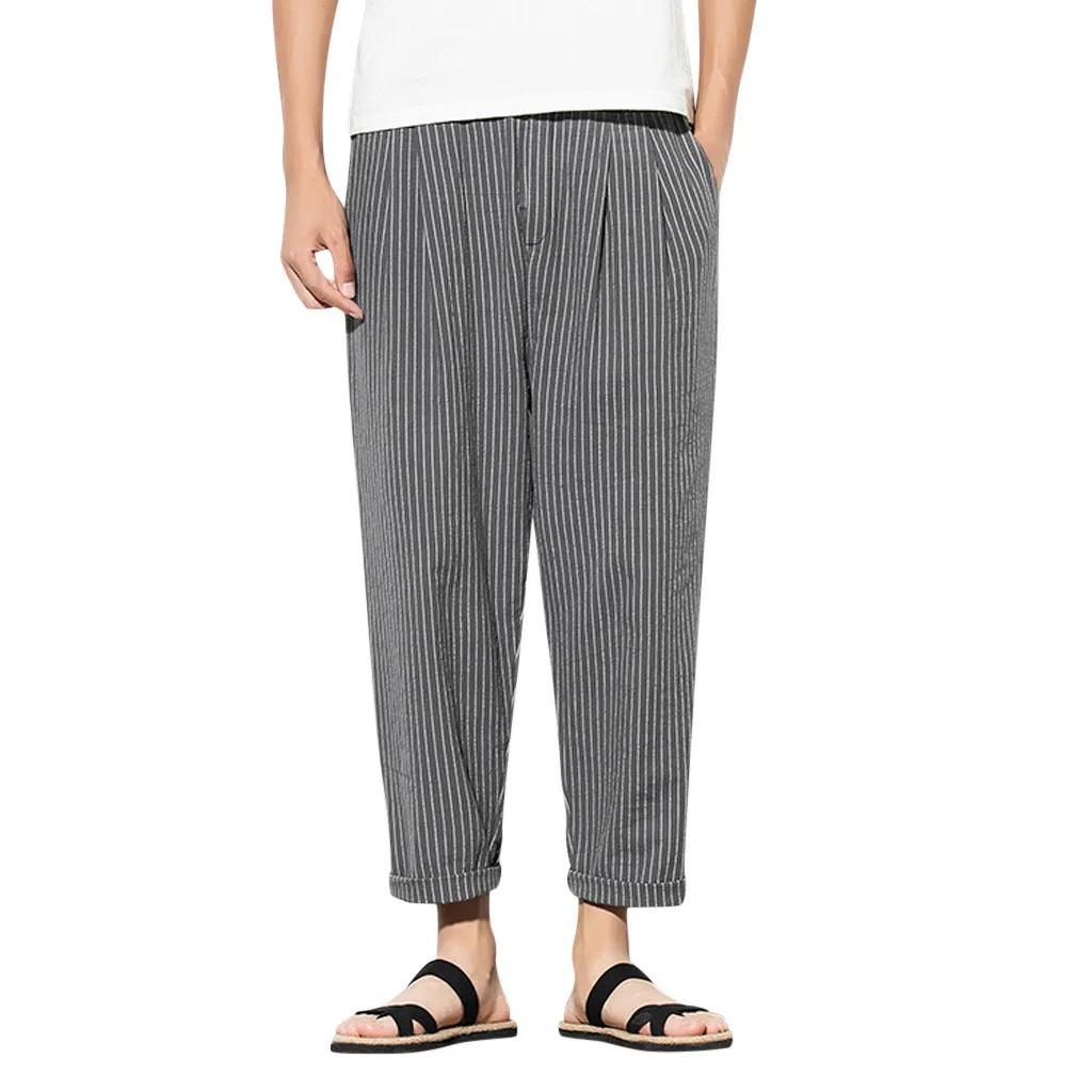 Jaycosin Men's Striped Retro Chinese Style Linen Pants Casual Calf-length Pants Loose Pantalones Hasta La Pantorrilla Sueltos