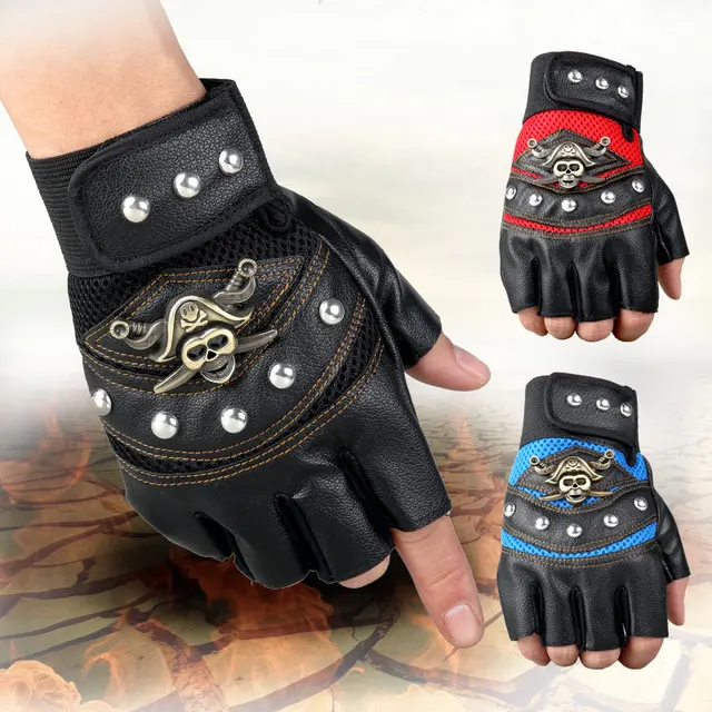 PU Leather Glove Men's Mountaineering Tactical Skull Pirate Fingerless