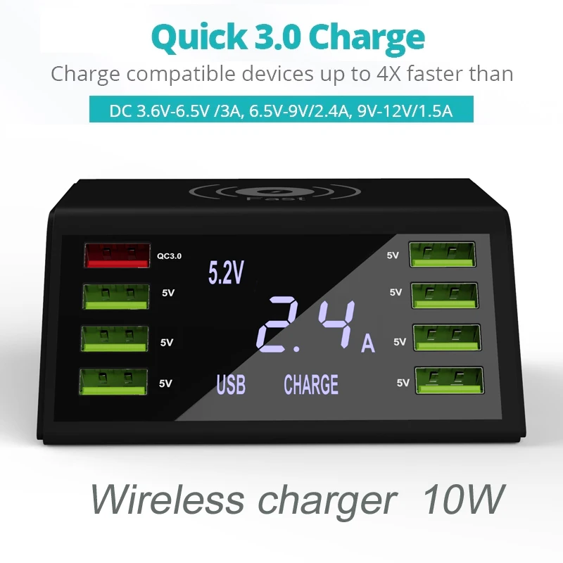 AIXXCO USB Quick Charger 60W 8-Port LED Display