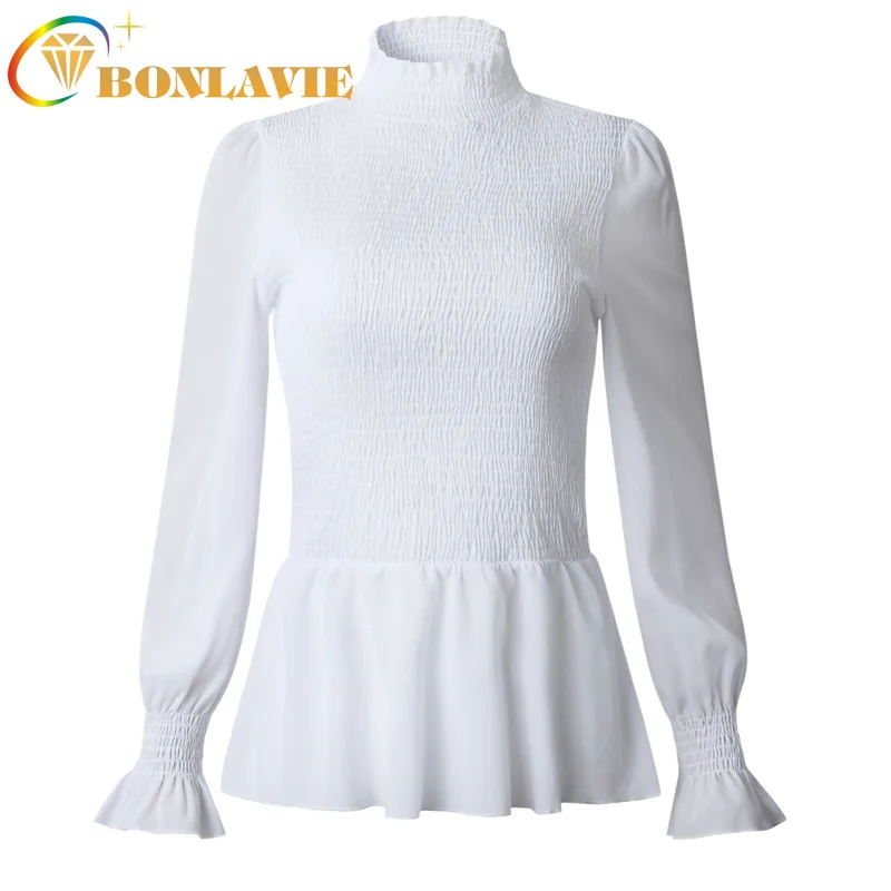 Women Tops Sweet Style Spring Summer Autumn States Multicolor Trumpet Sleeve Simple Solid Color Shirt Chiffon Stand Collar | Женская
