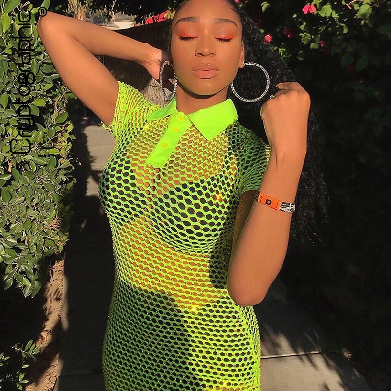 

Cryptographic Neon Mesh Turn-Down Collar Shirt Dress 2019 Summer Short Sleeve Dress Hollow Out Fishnet Bodycon Dresses Vestidos