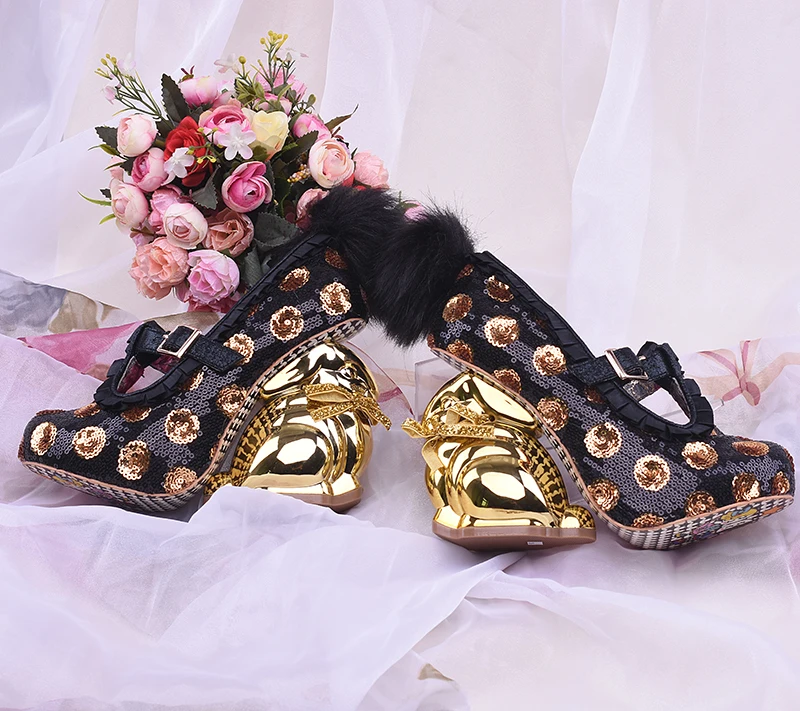 Необычный стиль; женские туфли-лодочки с золотым кроличьим каблуком белые Меховые Туфли с помпонами и круглым носком на высоком каблуке; женская обувь mary janes из расшитой блестками ткани