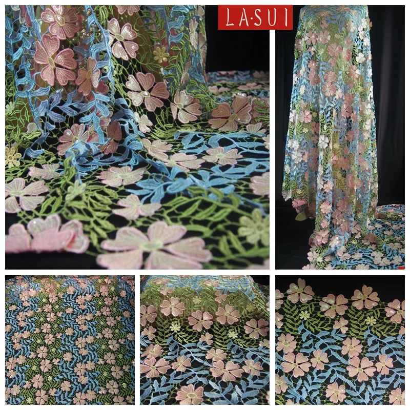 

LASUI 1Y=1Lot New Very beautiful flowers Multicolor water-soluble+sequins thick embroidery lace fabric Gorgeous Hollow S0044