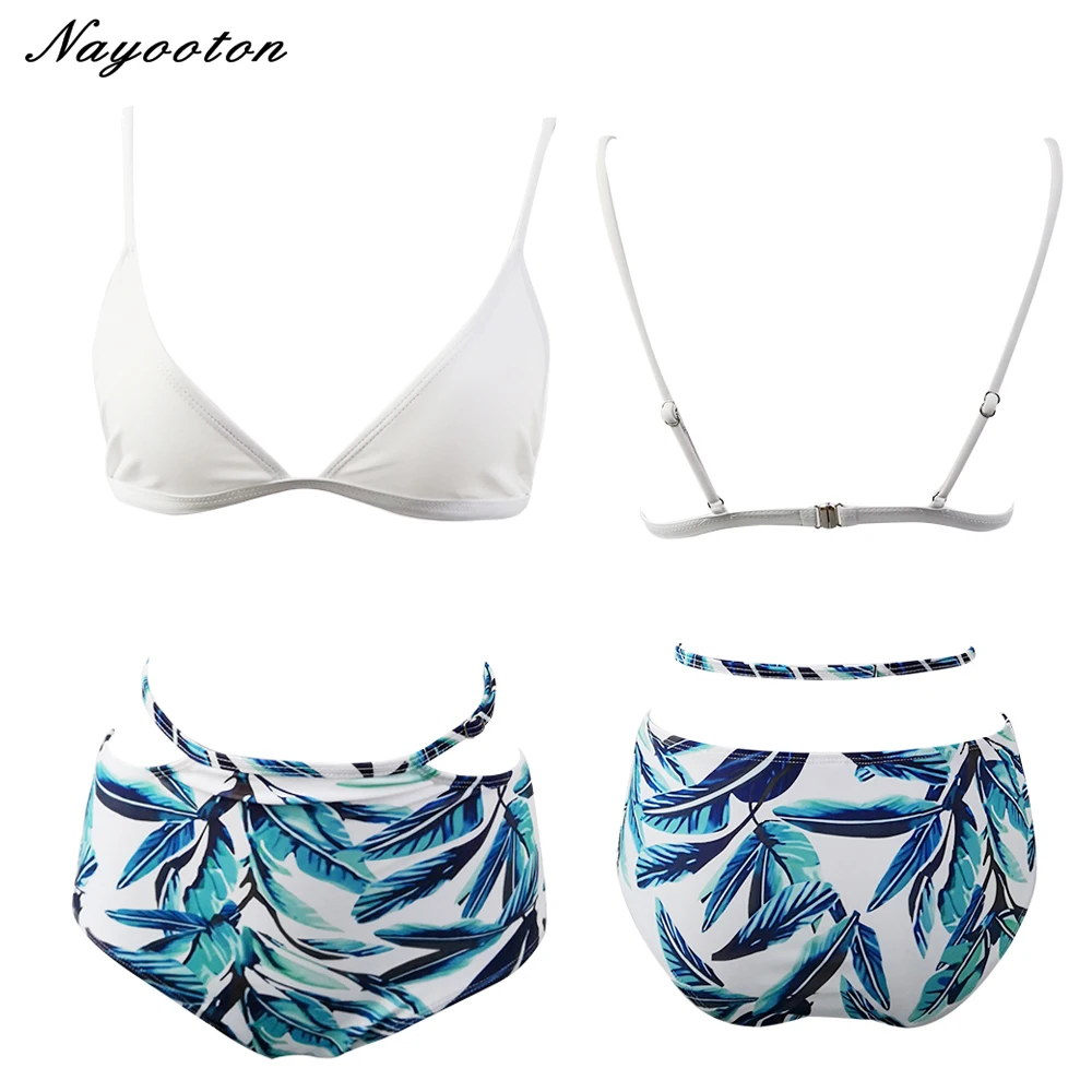 

Sexy bikini set Women Swimsuit New 2019 Summer High Waisted Bathing Suits Push Up Solid Top Print Bottom Bandeau bikini swimwear