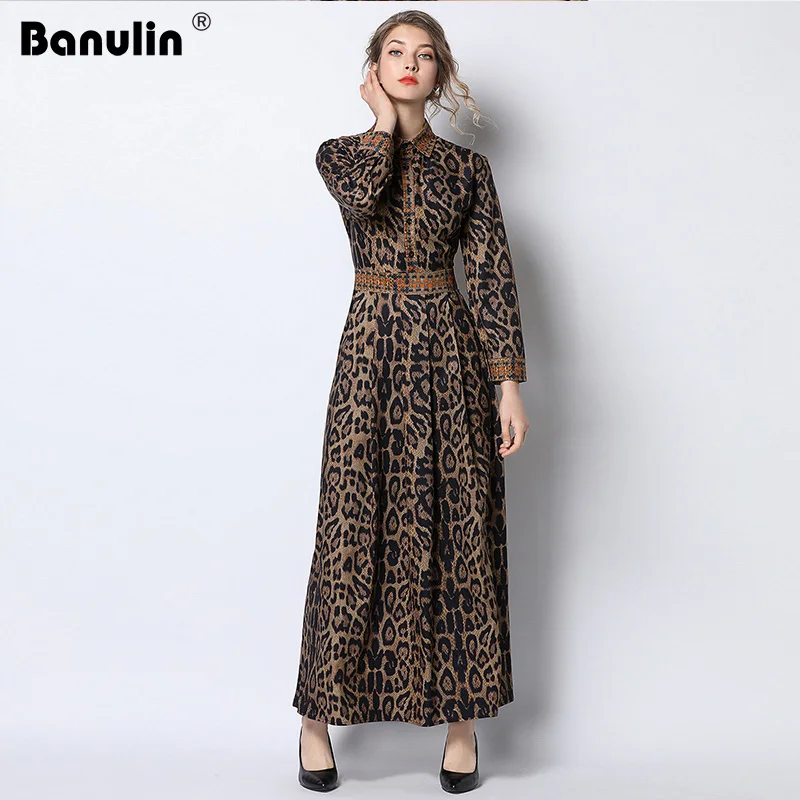 

Banulin New Vintage Leopard Print Turn Down Collar Elegant Long Maxi Dress 2019 Runway Designer Women Spring Summer Vestidos
