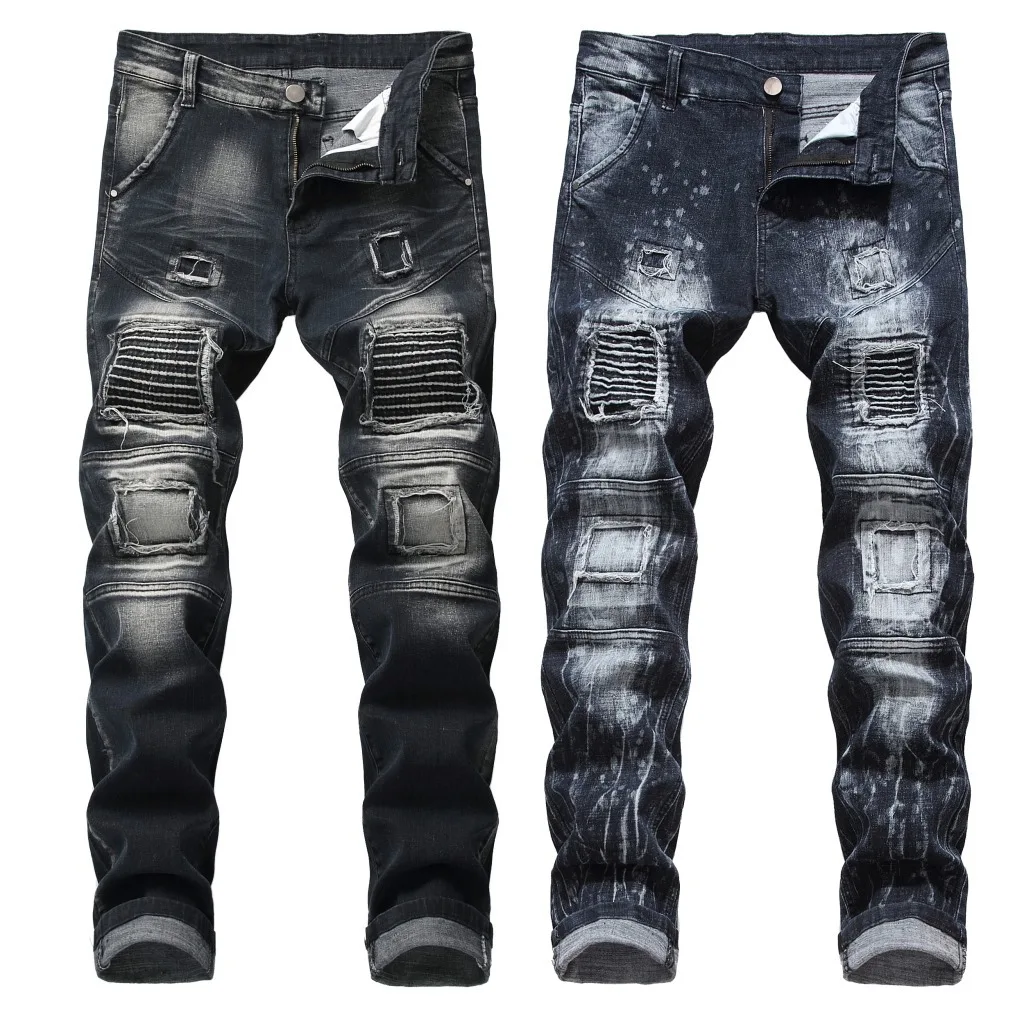 2019 новые Брендовые мужские джинсы стрейч черные мото джинсы модные плиссированные сплайсированные уличные мужские джинсовые брюки