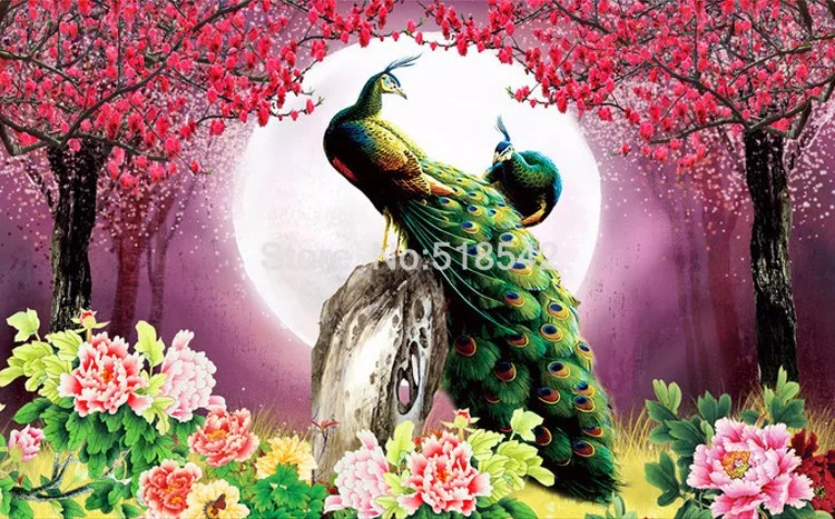 Custom 3D Photo Wallpaper, Pavão Lua Flores,