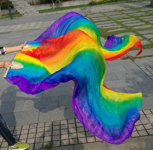 

Belly Dance Veil Fan Streamer Real Silk Oriental Dancing Fan Veils Props Vertical Stripes Rainbow 180cm