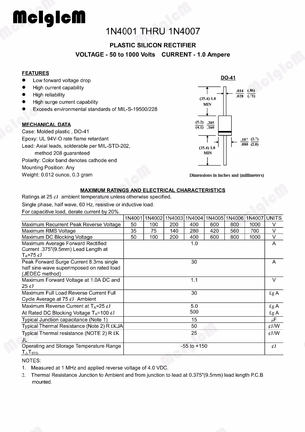 MCIGICM 100 шт. 1N4007 4007 1A 1000 В DO-41 Выпрямитель Диод