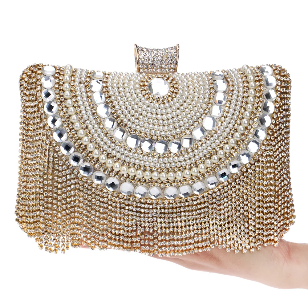 Women clutch diamond tassel evening bags lady pearl bling bling day