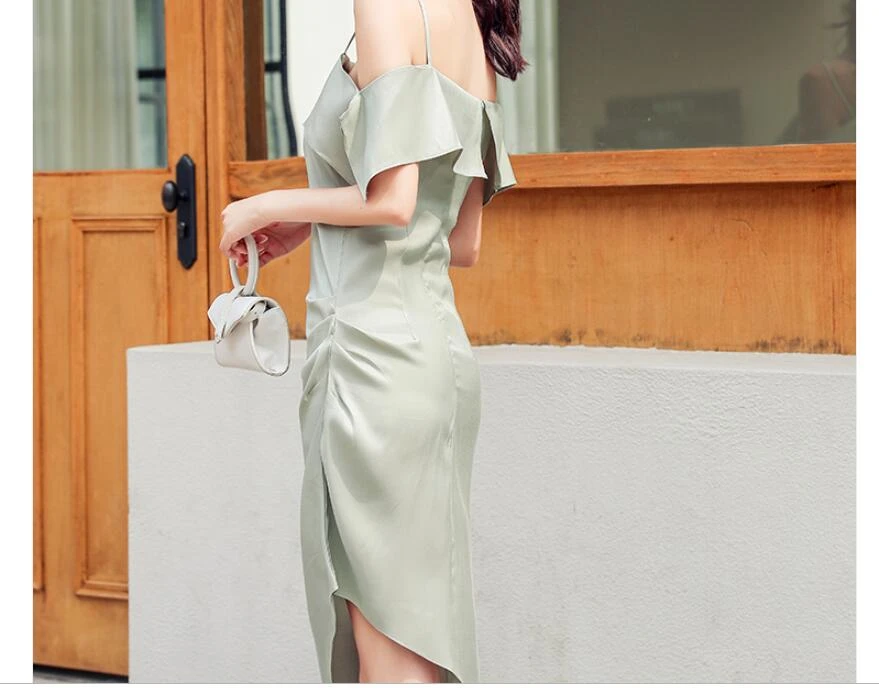 

2019 Women Thin Camisole Off Shoulder Dress Irregular Sexy Dress Lotus leaf Collar Side split holiday street Dress Casual