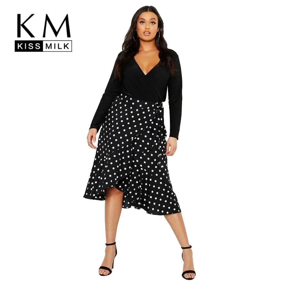 

Kissmilk Plus Size Women Clothes Wrap Ruffled Polka Dot Empire Skirt
