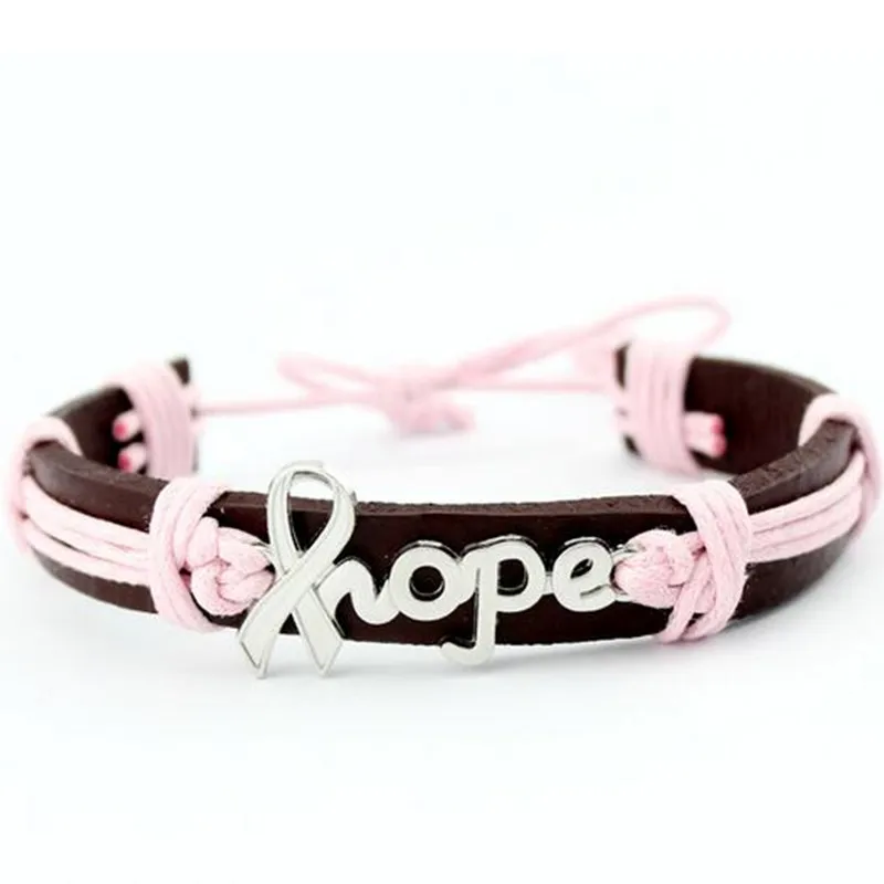 

Silver Alloy HOPE Charm Leather Bracelets & Bangles Breast Cancer Awareness Pink Wax String Hand-Knitted Leather Bracelet 10PCS