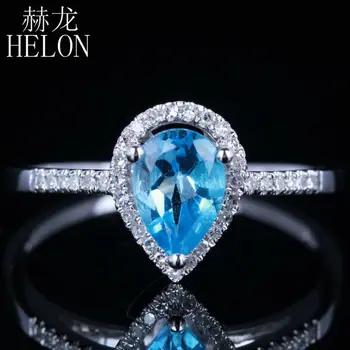 

HELON Jewelry Promotion ! 5x7mm Pear 0.9ct Blue Topaz & Pave 0.15ct Diamond Solid 10k White Gold Wedding Anniversary Fine Ring