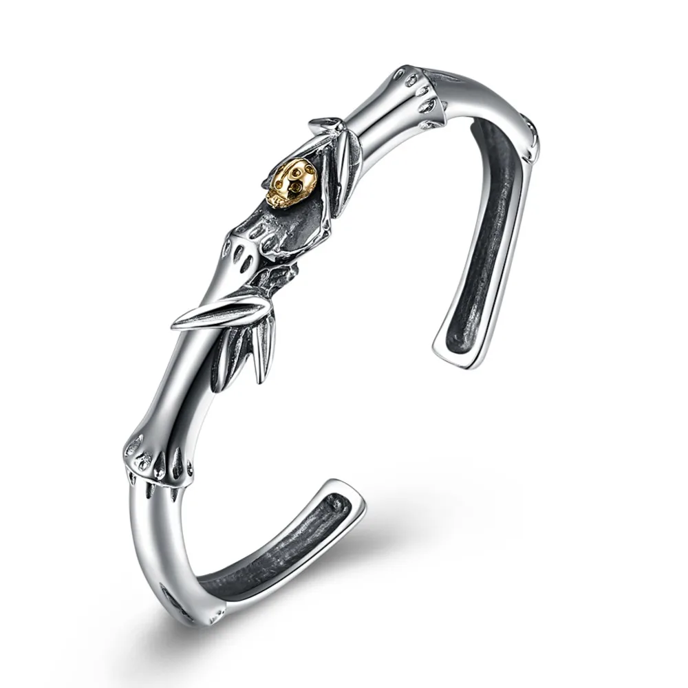 

GOMAYA New Unique S925 Sterling Silver Bamboo Shape With Leaf Carve Opening Bracelets Thai Vintage Bangles Wholesale