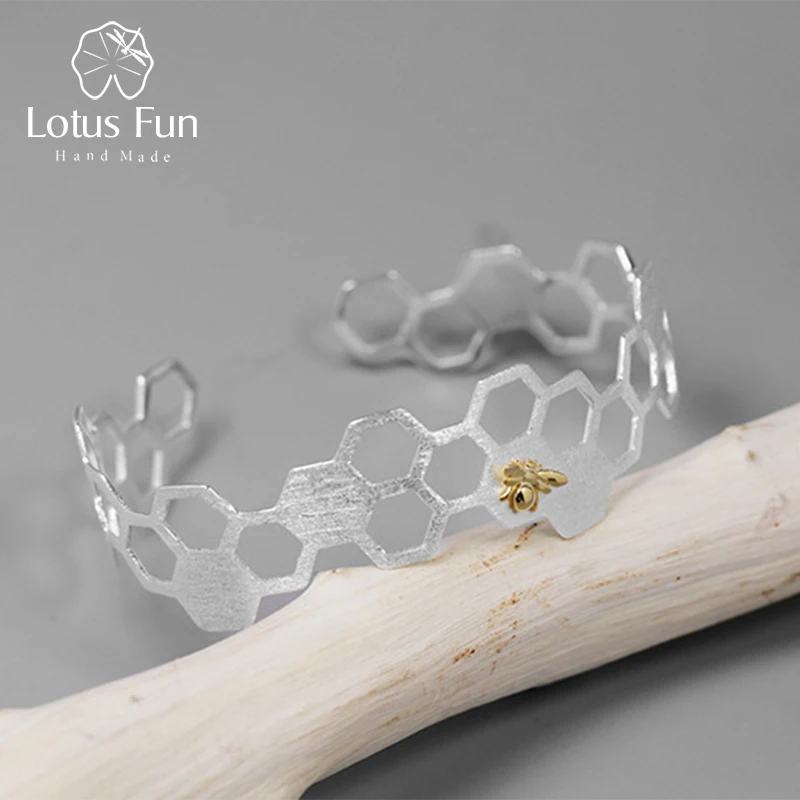 

Lotus Fun Real 925 Sterling Silver Natural Handmade Fine Jewelry Creative Honeycomb Home Guard Bangle for Women Bijoux