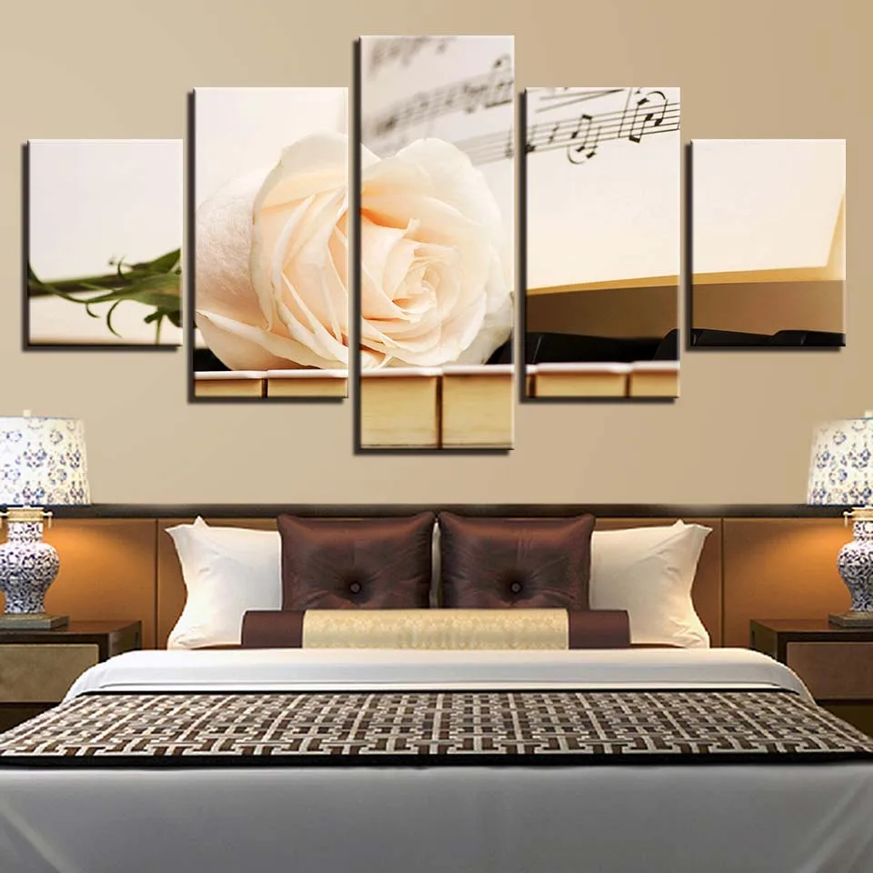 Canvas-Painting-Wall-Art-Home-Decor-Frame-5-Pieces-Piano-Score-White-Rose-Flower-For-Living (2)