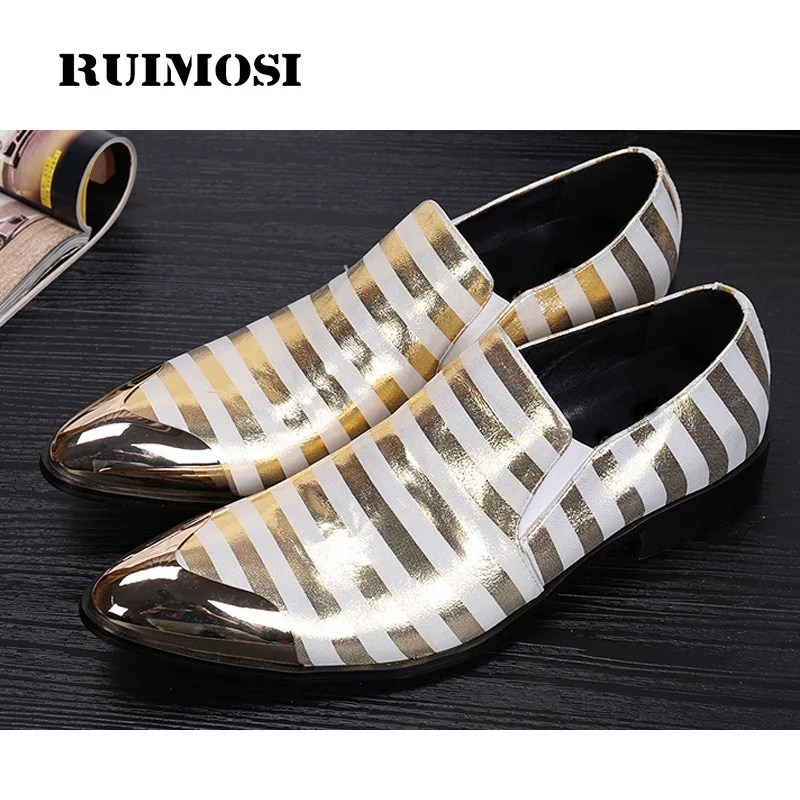 

RUIMOSI Plus Size Pointed Toe Cap Top Striped Man Loafer Shoes Casual Genuine Leather Comfortable Dance Party Men's Flats LK11