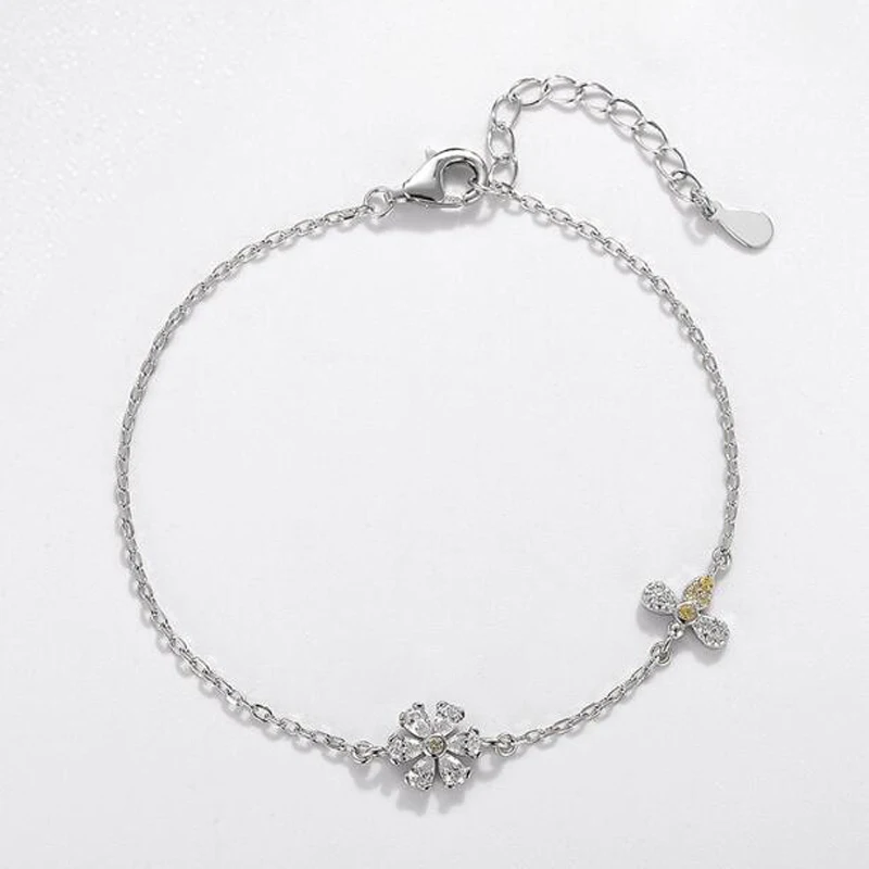 

Hutang Bees and Flower S925 Sterling Silver CZ Zircon Bracelets for Women's Wedding Valentine's Gift Romantic Link Bracelet
