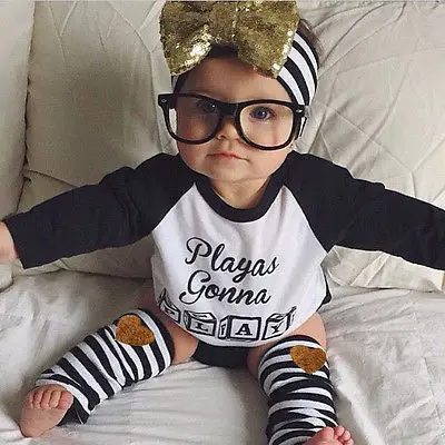 

2016 Baby Kids Girls Boys Long Sleeve Letter Printed Play Top T-shirt +Stripe Leggings Anklets Outfits Clothes Sets 0-4Y 2019