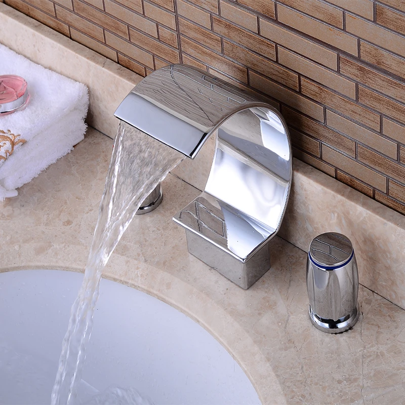Бесплатная доставка Chrome Ванная комната твердой латуни двойной Ручки водопад раковина кран Широкое смесителя