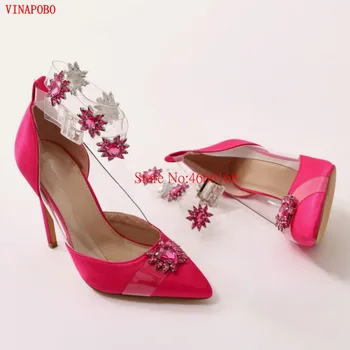 

Vinapobo 2019 Spring Autumn Women Transparent Pumps Elegant Rhinestone Silk Satin High Heels Shoes Sexy Thin Pointed Single Shoe