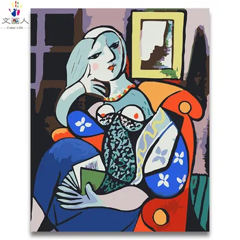 

Woman with book Picasso abstract famous painting by numbers with paint colors on canvas drawing coloring by numbers hoom decor