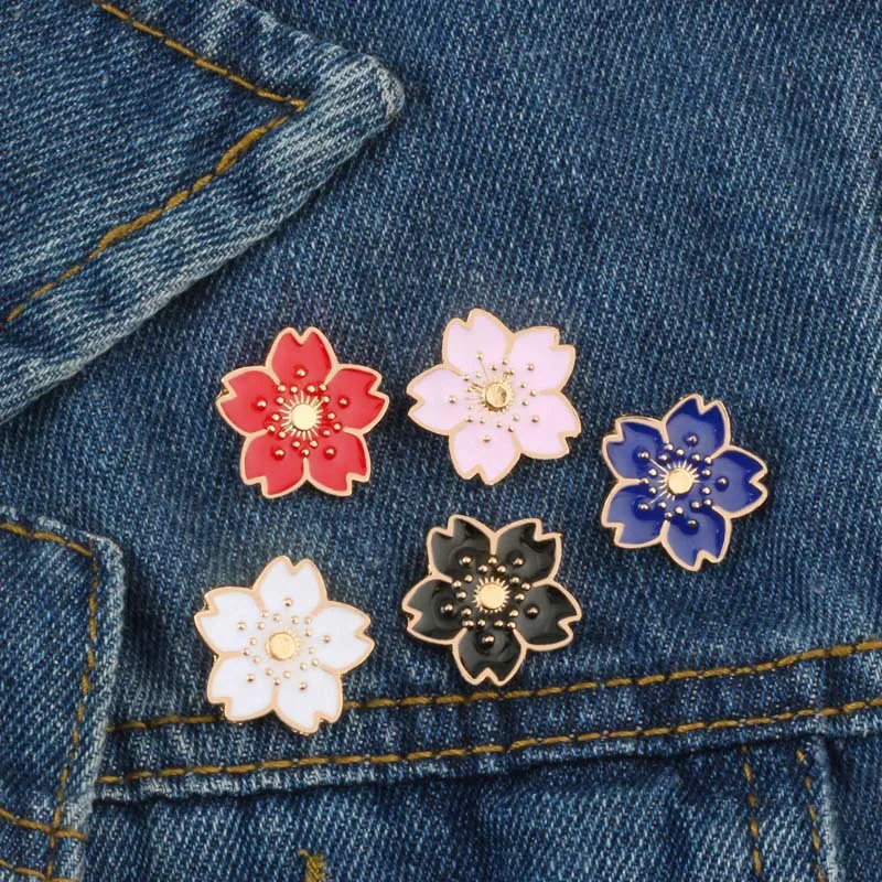 

5 Colors Lovely Cherry Blossoms Enamel Pin Flower Women Brooch Denim Jackets Collar Pins Corsage Fashion Badges Collection Gifts
