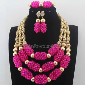

Luxury Fuschia Pink Nigerian Beads Fashion Jewelry Set Wedding Anniversary Bride Gift Necklace Earrings Set Free Shipping HD8651