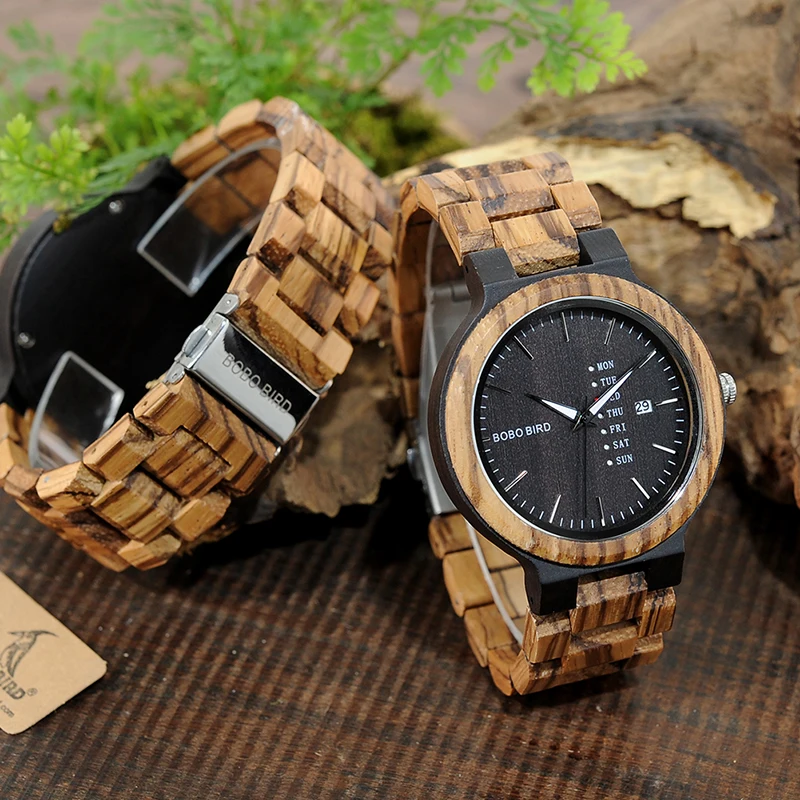 BOBO BIRD WO26 Zebra Wood Watch for Men with Week Display Date Quartz Watches Classic Two-tone Wooden Drop Shipping