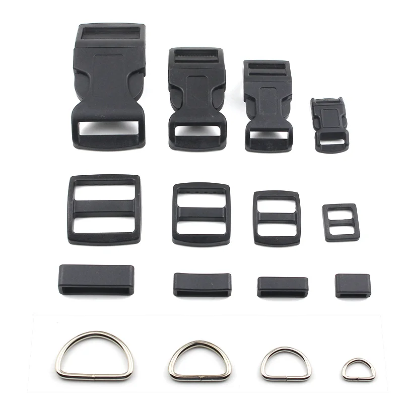 

20pcs 10mm 15mm 20mm 25mm Plastic Slider Adjustable D Ring Contoured Side Release Buckles For Paracord shoes Bags DIY Accessorie