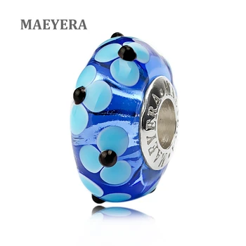 

MAEYERA 925 Sterling Silver Lampwork Beads Blue Flowers Murano Glass Beads For European Charm Bracelet Jewelry 920260