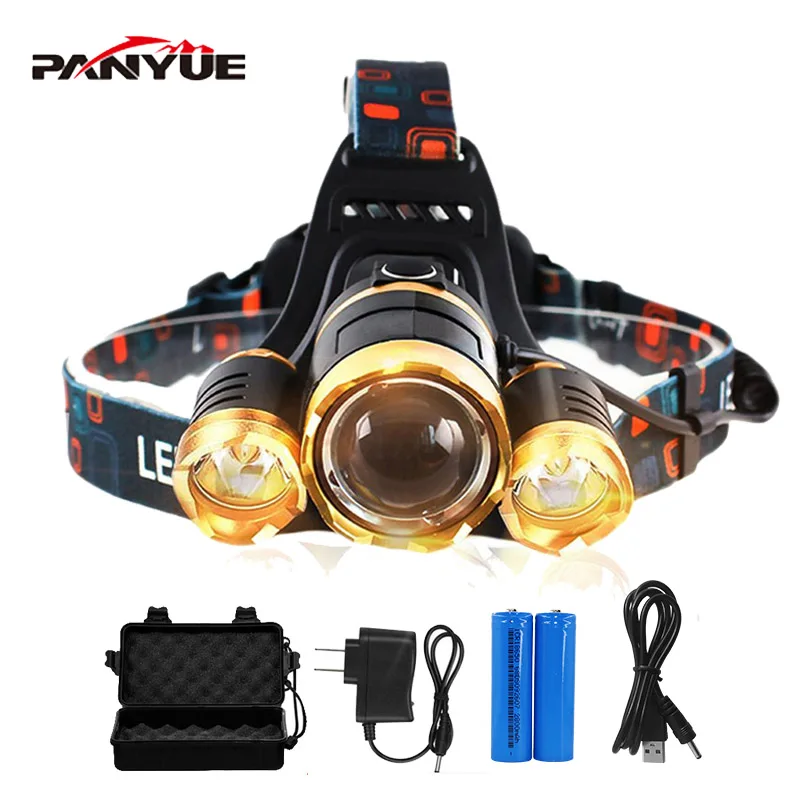 PANYUE USB Перезаряжаемый налобный фонарь 3 * LED XML T6 Фара 3000 люмен светодиодный с