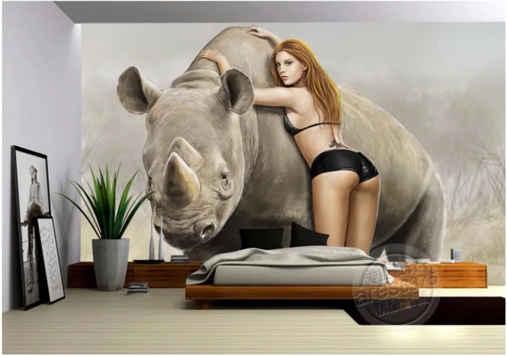 Фотообои на заказ 3d настенная бумага рисунок носорогов сексуальная Красавица и