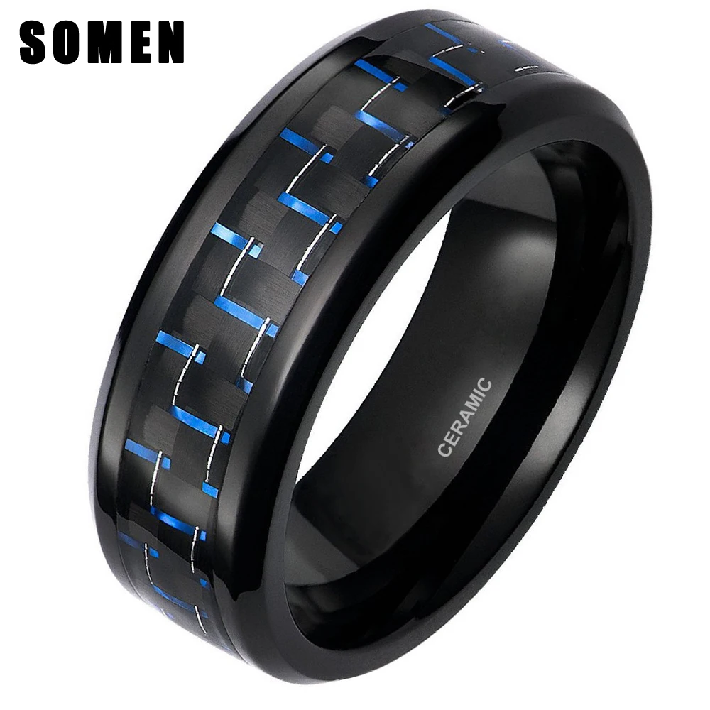 8MM Black Ceramic Wedding Ring Men's Blue Carbon Fiber Inlay Male