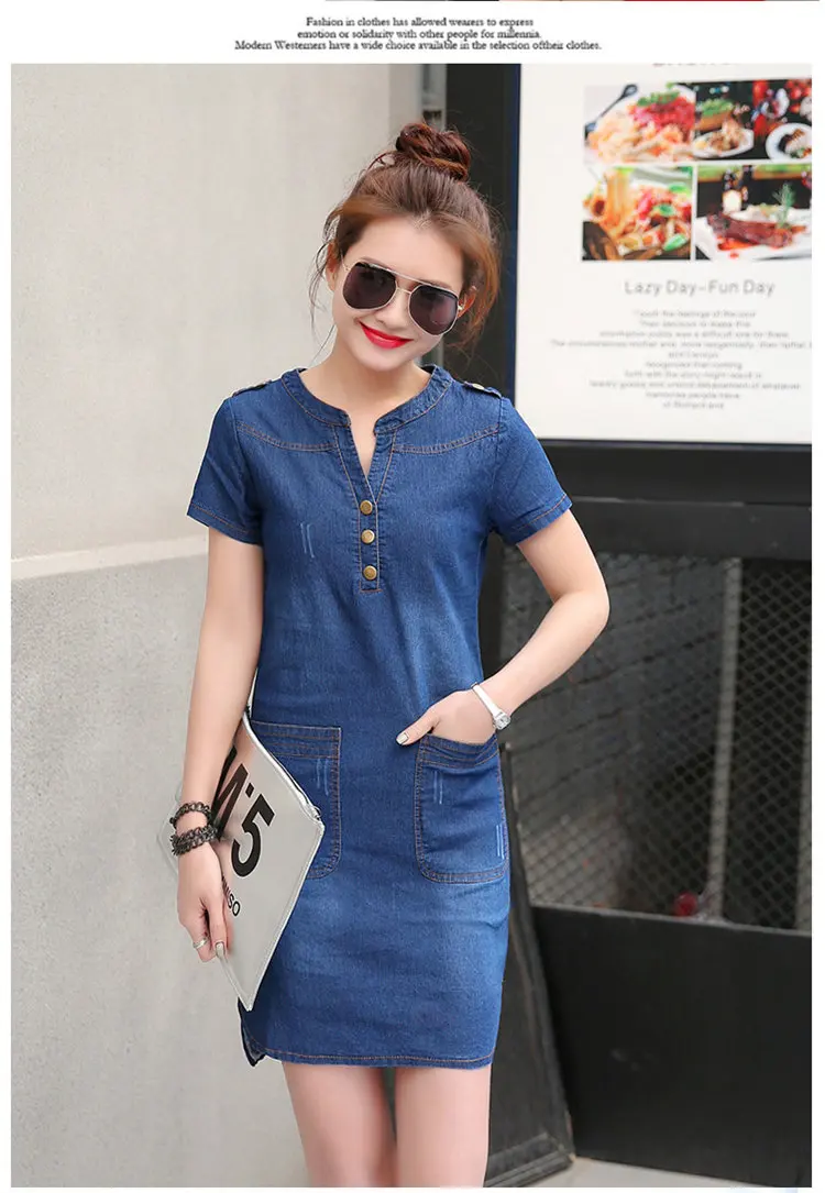 2018 New Arrival Summer Dress Women Denim Dresses Casual Short Sleeves Plus Size Rode Femme Ete V-neck Denim Dress Vestidos Mujer (2)