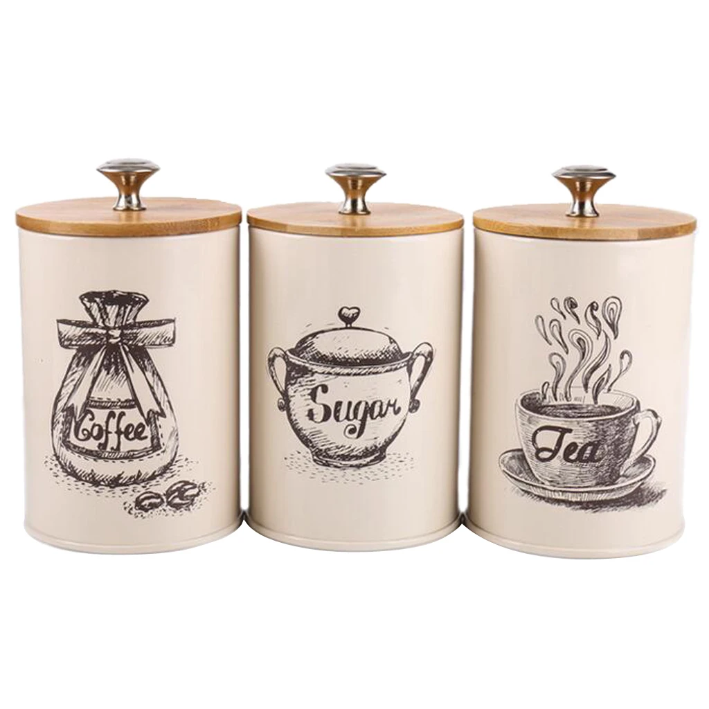 3 Pack Food Storage Containers With Lid Retro Design Metal Jar- Perfect Canister For Sugar Bowl Serving Tea, Coffee, Sugar
