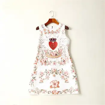 

Women Runway Dress 2019 High Quality Summer O-neck Sleeveless Printed Beading Casual Lady Dresses