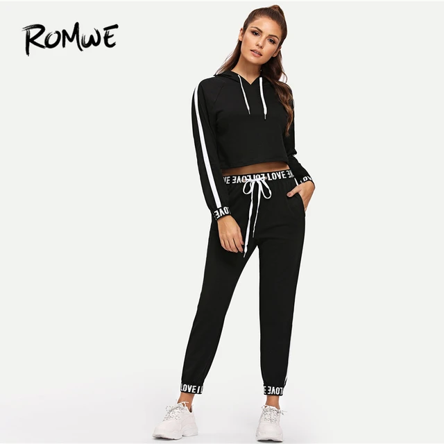 Cheap ROMWE Letter Taped Hoodie With Drawstring Waist Pants Women Leisure Side Stripes Black Pockets Pullover Fashion Two Piece Set Cheap ROMWE Letter Taped Hoodie With Drawstring Waist Pants Women Leisure Side Stripes Black Pockets Pullover Fashion Two Piece Set