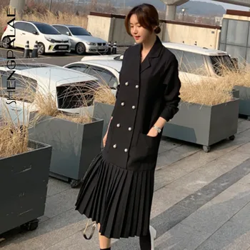

SHENGPALAE 2020 New Spring Spring Japan Korea Ruffles Mis-calf Turn-down Collar Button Women Long Sleeve Loose Dress FQ407