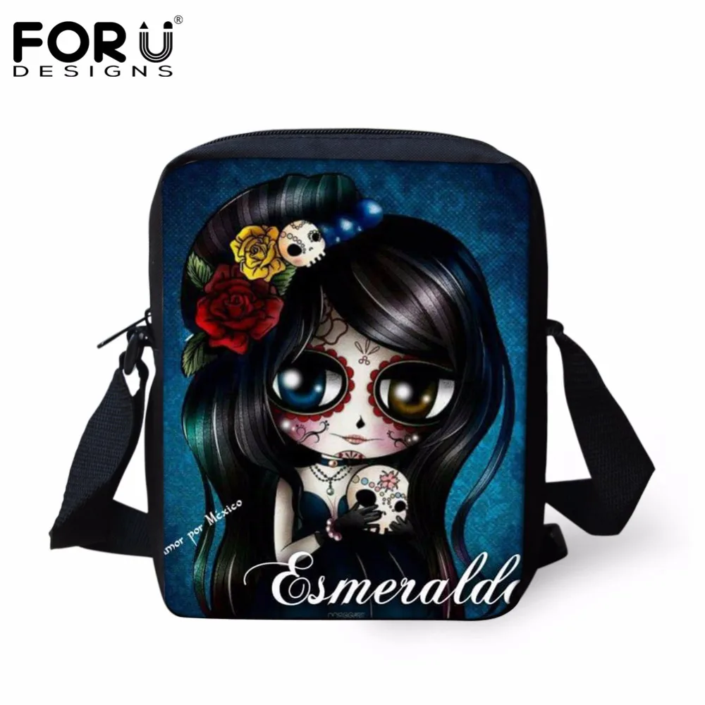 

FORUDESIGNS Small Cartoon Women Cross Body Bags Cool Sugar Skull Pattern Ladies Casual Mini Shoulder Bags Female Messenger Bags
