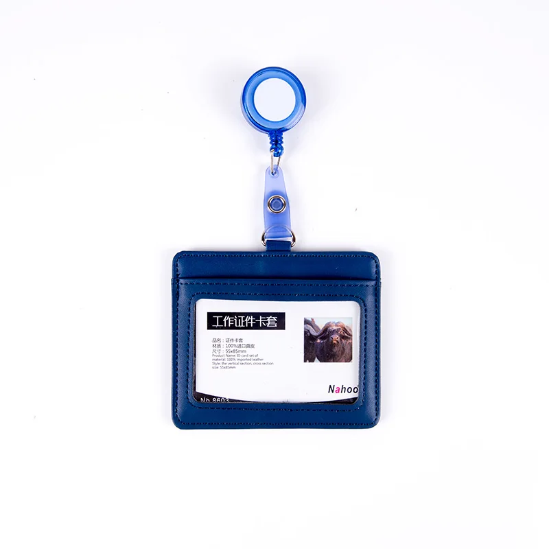 NAHOO натуральная кожа выдвижной значок медсестры держатель Имя тег пластиковый значок держатель для карт вертикальный кредитный автобус карты офисные принадлежности - Цвет: Dark Blue