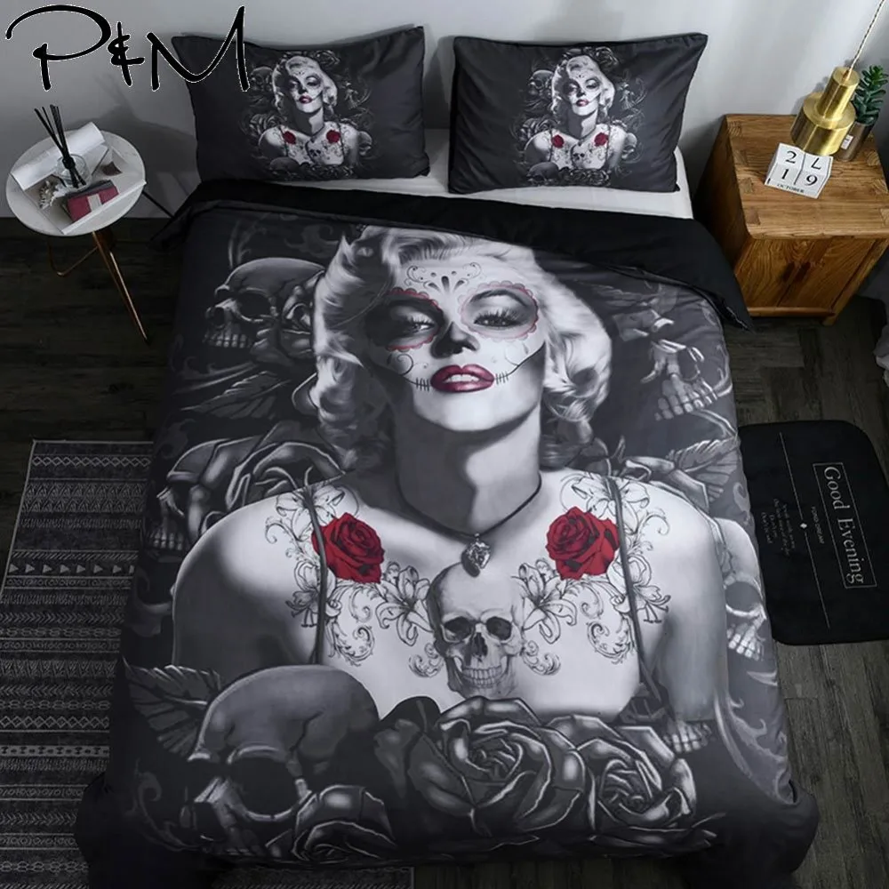 

2019 3D Black Gothic Girl Roses Bedlinens Twin Queen King Duvet Cover Set 2/3pcs Microfiber Fabric Bedding Sets Pillowcases