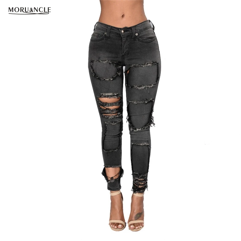 MORUANCLE Cropped Boyfriend Jeans Pants For Lady Fashion Destroyed Sexy Hole Denim Joggers Stretch Female Ripped
