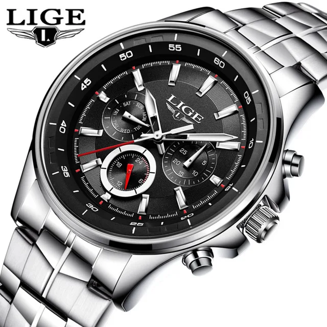 LIGE мужские часы Топ бренд класса люкс кварцевые часы мужские модные деловые Часы повседневные спортивные наручные часы Relogio Masculino - Цвет: silver black