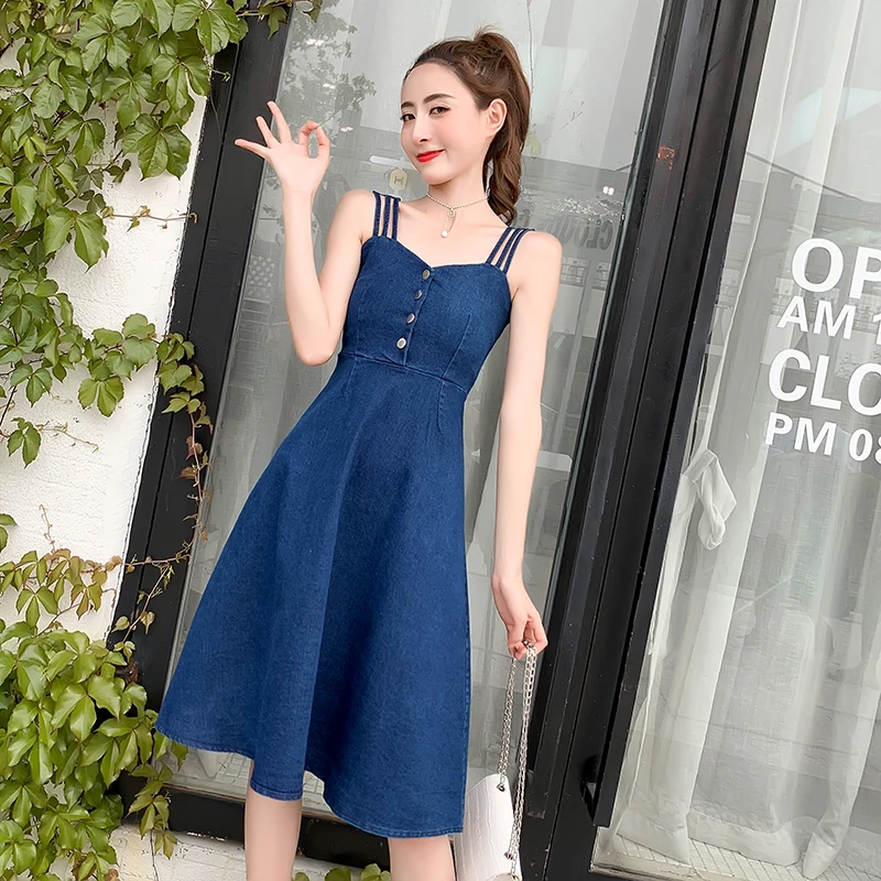 Summer Dress 2019 Women denim dress A line strapless buttons empire dresses robe femme ete sleeveless blue jeans dresses female